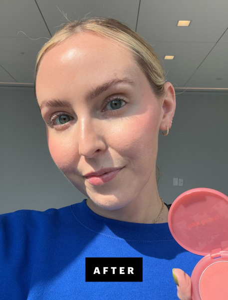 Kinonen after applying Rare Beauty Soft Pinch Matte Bouncy Blush