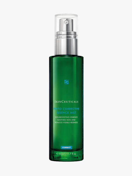 SkinCeuticals Phyto Corrective Essence Mist in branded green bottle with silver pump on light gray background